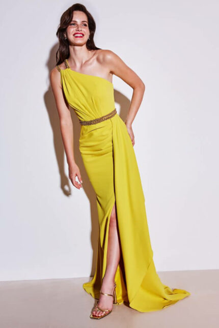 Abito Lungo Allure Monospalla con Drappeggio e Cinta Gioiello