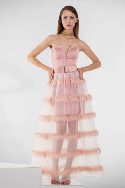 Abito Lungo Edas con Scollatura a Cuore e Doppia Gonna in Tubino e Tulle