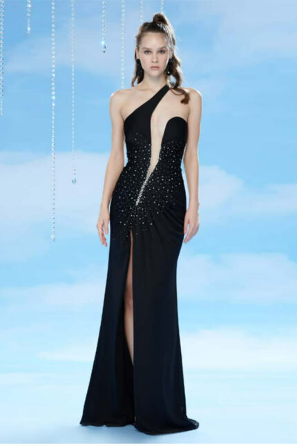 Abito Lungo Bianca Brandi con Strass, Scollatura Profonda e Ampio Spacco