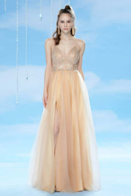 Abito Lungo Bianca Brandi con Corpetto in Paillettes e Gonna in Tulle