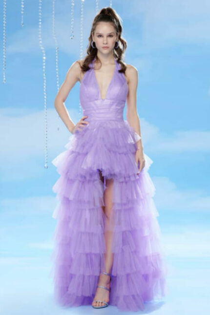 Abito Lungo Bianca Brandi con Gonna in Tulle a Sbuffo e Spacco Centrale