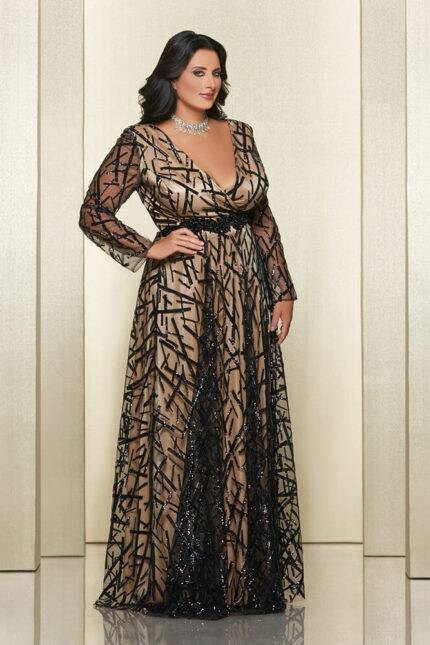 Abito Lungo Impero Couture con Lavorazione in Paillettes