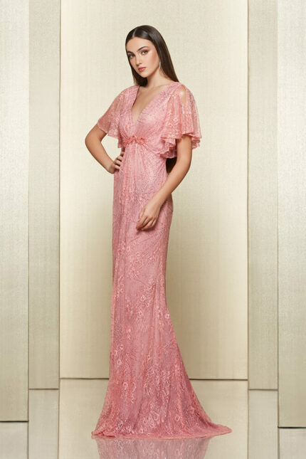 Abito Lungo Impero Couture in Pizzo con Scollatura a V