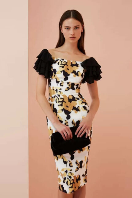 Abito Corto Allure Evening a Fantasia con Maniche a Balze