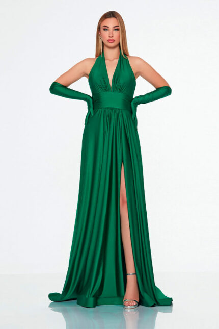 Abito Lungo Verde con Scollo all'Americana Impero Couture