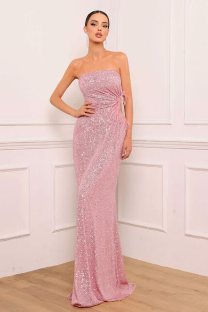 Bianca Brandi Abito Lungo Rosa con Paillettes e Piume