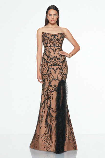 Impero Couture Abito Lungo con Piume sullo Spacco